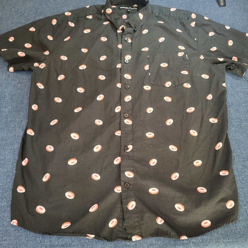 Molokai Surf Co Men XL Black Pink Donut Print Short Sleeve Button Down Shirt AOP
